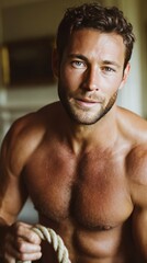 Obraz premium Fit Male Model Holding Rope Strength, Fitness, and Determination in Focus