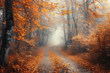 Fototapeta premium Ethereal Light Pierces Morning Fog on a Vibrant, Leaf-Strewn Autumn Forest Path.
