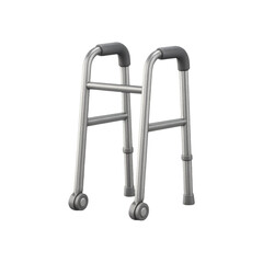 Silver medical walker with wheels and grey grips isolated on transparent background