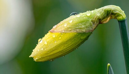 Close-up of a pale yellow daffodil bud with dew drops