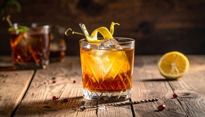 A cocktail on a rustic wooden table