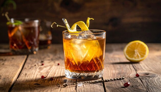 A cocktail on a rustic wooden table