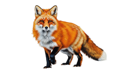 Orange fox stands on white snow looking at the viewer.