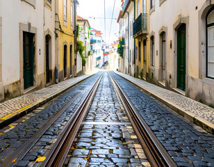 Charming Cobblestone Street with Tram Tracks in Historic Cityscape