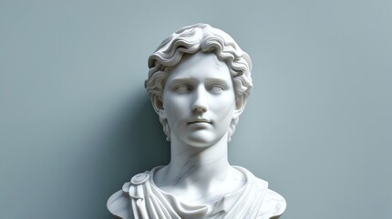White marble bust of a person with wavy hair on a muted blue background