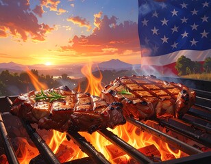 Grilled steaks at sunset with american flag patriotic barbecue