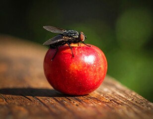 Close-up of a fly on a red apple