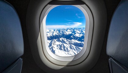 From inside a commercial aircraft, a round window with a view of the mountains is visible.