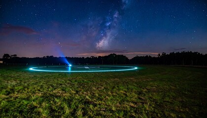 Helicopter landing pad in open field with blue-green navigation lights on