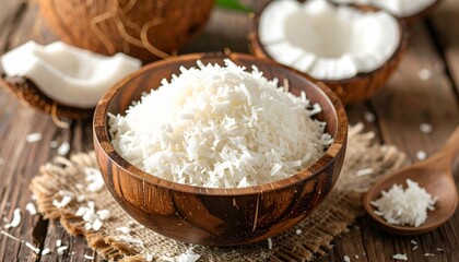 Fototapeta premium Grated white coconut in a natural wooden bowl, neatly arranged