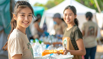 Humanitarian volunteers are distributing food and water in front of refugee tents.