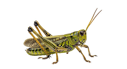 Fototapeta premium A grasshopper is isolated on a white background in a studio shot.