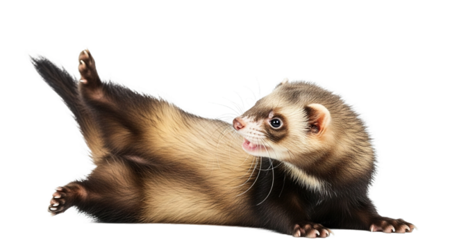 Ferret lying on its back with legs in the air against white background.