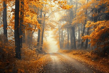 Obraz premium Golden Autumn Forest Path Bathed in Ethereal Sunlight, Misty Haze, and Vibrant Foliage.