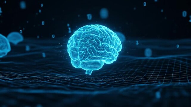 A cyan glowing brain hovers above a grid of lines surrounded by floating binary code