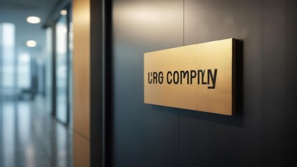Golden company nameplate sign on a dark wall in a modern office corridor.