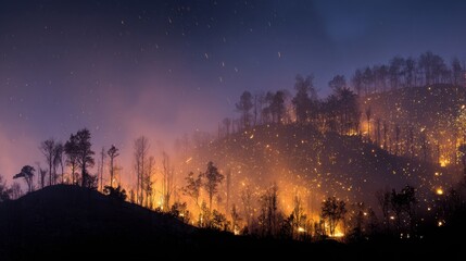 Fototapeta premium Fiery Forest Inferno - Dramatic Nighttime Wildfire Blaze Illuminates Silhouetted Trees Against Dusk Sky.