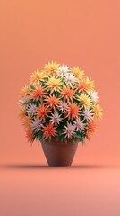 Vibrant bouquet of colorful flowers in a terracotta pot, presented against a soft peach background, creating a cheerful and inviting atmosphere.