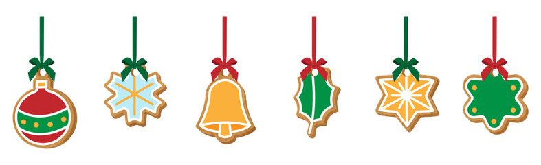 Gingerbread cookies hanging on red ribbons with bows. Vector illustration isolated on white background.