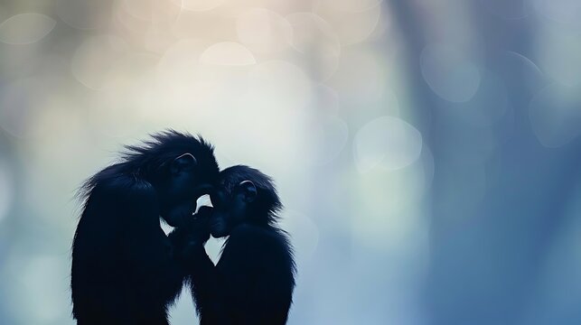 Silhouette of two monkeys showing affection and grooming each other in soft light