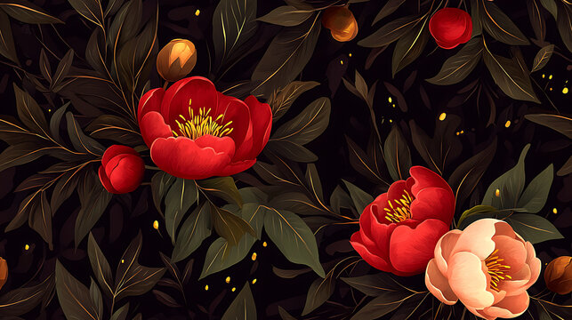 Vibrant floral pattern featuring red and pink peonies with lush green leaves on dark background, creating rich and elegant design