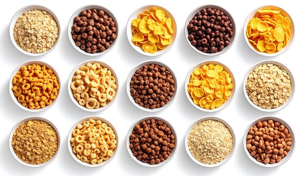 Assorted breakfast cereals in small white bowls