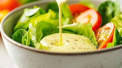 Fresh salad with creamy dressing being poured over lettuce and tomatoes in a bowl © MaM AL
