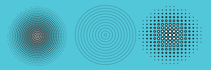 Black concentric circle set. Sonar or sound wave ring collection. Dotted and linear epicentre, target, radar icon concept. Ripple radial signal or vibration elements. Vector line and halftone symbols