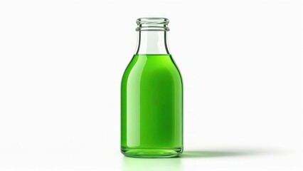 Green Liquid in Glass Bottle on White Background.