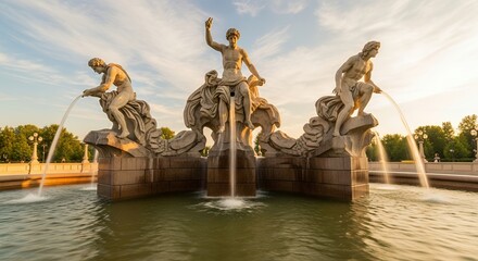 Majestic Fountain with Classical Statues at Sunset.