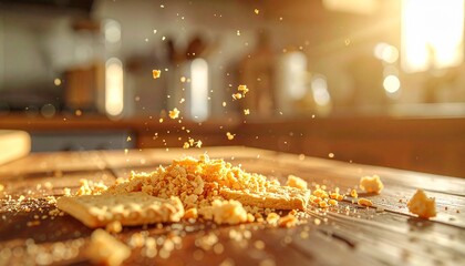 Obraz premium a photo of biscuit crumbs scattered on a wooden table in the kitchen one morning