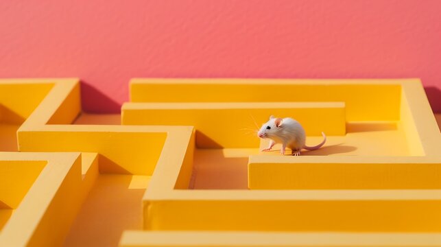A small white mouse navigates a bright yellow maze with a pink background