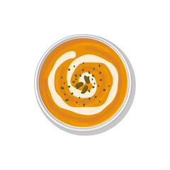 Obraz premium Illustration of pumpkin soup served in a bowl with garnish. Traditional autumn dish often enjoyed during fall season and Thanksgiving celebrations. Perfect for food design and restaurant menu. 