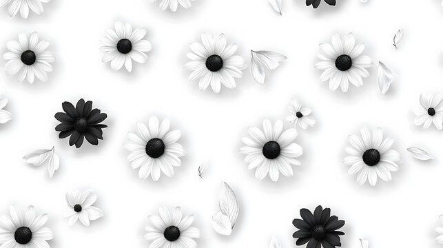 Seamless pattern featuring black and white daisies on light background creates striking visual contrast, evoking sense of elegance and simplicity