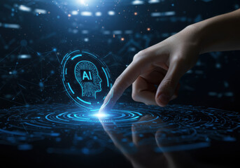 AI agent and generative artificial intelligence. Robotic processes automation and data analysis. Businessman touching head and AI icon on application network system