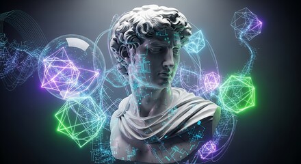 Digital art concept merging classical sculpture with futuristic technology and glowing data.