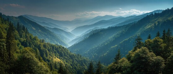 Majestic Mountain Range Landscape - Lush Green Valleys and Misty Vistas.