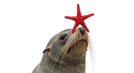 Seal balances a red starfish on its nose against a white background.