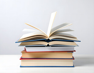 Stack of Open and Closed Books on Neutral Background