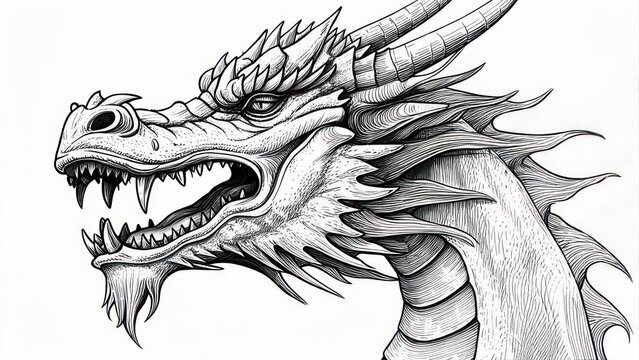 Hand drawn black and white illustration of a fierce dragon head with open mouth and sharp teeth.