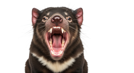 Tasmanian devil with mouth open showing teeth on a white background.