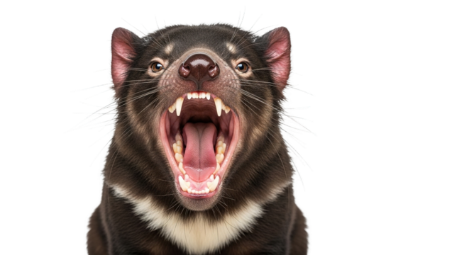 Tasmanian devil with mouth open showing teeth on a white background.