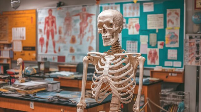 Detailed Anatomy Classroom Setup Featuring a Human Skeleton Model Surrounded by Educational Posters and Laboratory Equipment for Science Learning