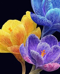 Vibrant, detailed illustration of spring crocus flowers in a dynamic arrangement against a striking black backdrop.
