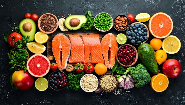Assorted healthy foods laid out on a dark surface