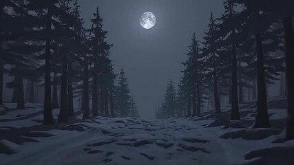 Moonlit Path through a Snowy Forest with Tall Pine Trees and a Clear View of the Full Moon in a Serene Nighttime Scene, Creating a Mystical Atmosphere - Powered by Adobe