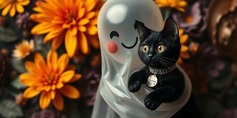 A smiling ghost balloon hugs a black cat with big yellow eyes against a background of orange and purple flowers.