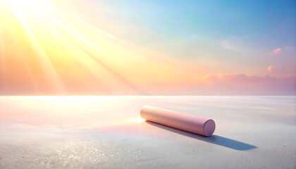 Serene Sunrise Over Calm Shore with Soft Pink Cylinder Object