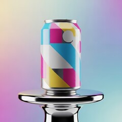 Fototapeta premium Colorful Geometric Can Mockup on Silver Pedestal for Product Presentation.