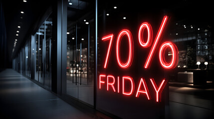 Black Friday neon sign glowing 70 percent off sale in modern storefront
